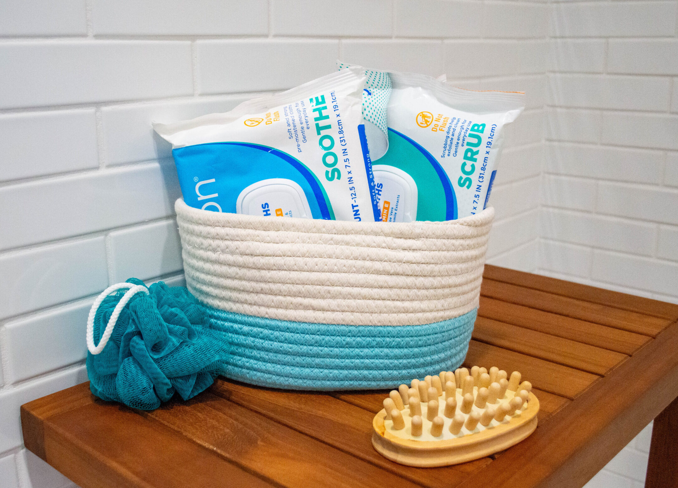 Aquation Wipes in a basket in a bathroom